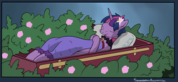Size: 2482x1150 | Tagged: safe, artist:seventozen, edit, twilight sparkle, alicorn, pony, g4, casket, clothes, cropped, dead, dress, eyes closed, female, flower, flower in hair, funeral, implied death, mare, mortality blues, pillow, playing dead, solo, twilight sparkle (alicorn)