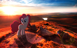 Size: 2880x1800 | Tagged: safe, artist:mr-blitz, artist:mrkupkake, pinkie pie, g4, england, irl, photo, pleased, ponies in real life, pretty, river, shadow, solo, sunset, vector