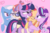 Size: 2600x1700 | Tagged: safe, artist:geraritydevillefort, moondancer, starlight glimmer, sunset shimmer, trixie, twilight sparkle, alicorn, pony, unicorn, g4, bedroom eyes, blushing, counterparts, female, floppy ears, grin, harem, heart, holding hooves, hug, lesbian, magical quintet, raised hoof, ship:sunsetsparkle, ship:twidancer, ship:twistarlight, ship:twixie, ship:twixstar, shipping, smiling, squee, twilight sparkle (alicorn), twilight sparkle gets all the mares, twilight's counterparts, twilight's harem, twixstarsetdancer