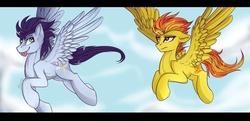 Size: 1024x497 | Tagged: artist needed, safe, soarin', spitfire, pony, g4, duo, flying, old cutie mark, tongue out