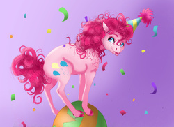 Size: 1754x1276 | Tagged: safe, artist:phantomfox777, pinkie pie, earth pony, pony, g4, ball, confetti, female, mare, party hat, raspberry, smiling, solo, tongue out