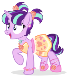 Size: 1242x1400 | Tagged: safe, artist:pixelkitties, starlight glimmer, pony, unicorn, g4, alternate hairstyle, bracelet, clothes, cute, dress, female, glimmerbetes, happy, mare, necklace, open mouth, pigtails, raised hoof, simple background, smiling, solo, transparent background, vector, wide eyes