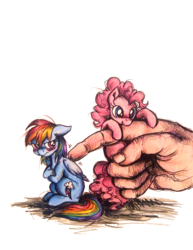 Size: 856x1108 | Tagged: safe, alternate version, artist:buttersprinkle, pinkie pie, rainbow dash, earth pony, human, pegasus, pony, g4, biting, blushing, colored pencil drawing, crossed hooves, cute, dashabetes, diapinkes, floppy ears, grumpy, hand, in goliath's palm, micro, size difference, tiny, tiny ponies, traditional art, tsundere