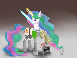 Size: 1600x1200 | Tagged: safe, artist:creidim, princess celestia, g4, armor, dark souls, female, helmet, levitation, magic, parody, solaire of astora, solo, sword, telekinesis, weapon