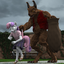 Size: 3000x3000 | Tagged: safe, artist:tahublade7, sweetie belle, diamond dog, anthro, digitigrade anthro, plantigrade anthro, g4, 3d, blushing, clothes, daz studio, embarrassed, hanging wedgie, heart, heart print underwear, high res, kidnapped, panties, panty pull, pink underwear, sack, skirt, surprised, underwear, wedgie
