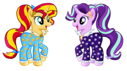 Size: 1492x828 | Tagged: safe, artist:majkashinoda626, starlight glimmer, sunset shimmer, pony, unicorn, g4, alternate hairstyle, clothes, counterparts, cute, daaaaaaaaaaaw, duo, eye contact, glimmerbetes, happy, open mouth, ponytail, raised hoof, shimmerbetes, simple background, smiling, transparent background, twilight's counterparts