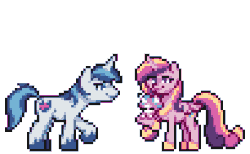 Size: 408x252 | Tagged: safe, artist:mrponiator, princess cadance, princess flurry heart, shining armor, pony, g4, season 6, the crystalling, animated, baby, baby pony, cute, family, magic, magic blast, perfect loop, pixel art, simple background, sneezing, transparent background
