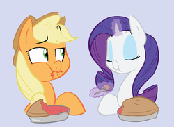 Size: 723x528 | Tagged: safe, artist:shoutingisfun, applejack, rarity, g4, and then there's rarity, eating, food, glowing horn, horn, magic, pie, pie-eating contest, telekinesis