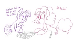 Size: 644x342 | Tagged: safe, artist:shoutingisfun, pinkie pie, twilight sparkle, g4, food, pizza