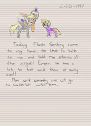 Size: 2400x3300 | Tagged: safe, artist:aaronmk, derpy hooves, dinky hooves, flash sentry, pegasus, pony, g4, derpsentry, diary, dinky hooves's diary, female, high res, lined paper, male, mare, shipping, straight