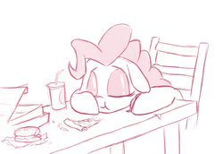 Size: 609x419 | Tagged: safe, artist:shoutingisfun, pinkie pie, g4, burger, chair, drink, eyes closed, female, food, hay burger, monochrome, pizza, simple background, sitting, sleeping, sleepy, solo, table, tired, white background