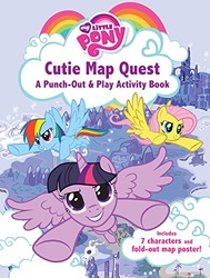 Size: 377x500 | Tagged: safe, fluttershy, rainbow dash, twilight sparkle, alicorn, pony, g4, book cover, cloud, cutie map quest, female, flying, map of equestria, mare, my little pony logo, twilight sparkle (alicorn)