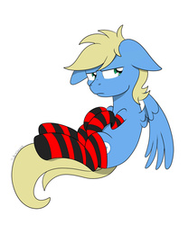 Size: 1024x1229 | Tagged: safe, artist:theartistsora, oc, oc only, oc:synthis, clothes, floppy ears, folded wings, music, socks, striped socks, thigh highs, upset