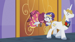 Size: 475x267 | Tagged: safe, screencap, prince blueblood, rarity, pony, unicorn, g4, the best night ever, clothes, dress, female, flower, gala dress, male, mare, rose, stallion