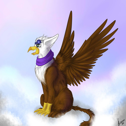 Size: 1920x1920 | Tagged: safe, artist:stirren, oc, oc only, griffon, cloud, goggles, sitting, solo, wings