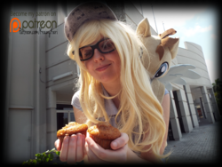 Size: 4608x3456 | Tagged: safe, artist:krazykari, derpy hooves, human, g4, clothes, cosplay, costume, food, irl, irl human, muffin, patreon, patreon logo, photo, solo