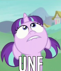 Size: 884x1024 | Tagged: safe, edit, edited screencap, screencap, starlight glimmer, the crystalling, caption, female, filly, filly starlight glimmer, floppy ears, image macro, lip bite, looking up, meme, reaction image, solo, text, twintails, unf, younger