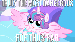 Size: 1280x720 | Tagged: safe, edit, edited screencap, screencap, princess flurry heart, pony, g4, the crystalling, baby, baby pony, caption, female, image macro, meme, princess doom heart, pure unfiltered evil, solo, text