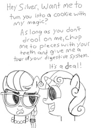 Size: 1125x1582 | Tagged: safe, artist:pepsi twist, silver spoon, sweetie belle, g4, cookie, food, monochrome