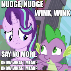 Size: 471x471 | Tagged: safe, edit, edited screencap, screencap, spike, starlight glimmer, g4, the crystalling, animated, eric idle, eye contact, image macro, implying, meme, monty python, nudge, nudging, open mouth, raised eyebrow, reaction image, smirk