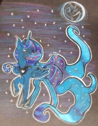 Size: 1992x2560 | Tagged: safe, artist:mizulela, princess luna, g4, female, mare in the moon, moon, solo, traditional art