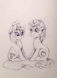 Size: 876x1188 | Tagged: safe, artist:buttersprinkle, applejack, braeburn, g4, cute, duo, hat, hat swap, sketch, traditional art