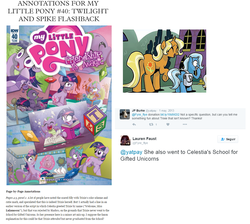 Size: 1188x1064 | Tagged: safe, idw, sunflower spectacle, trixie, dragon, pony, unicorn, g4, spoiler:comic, spoiler:comic40, female, filly, lauren faust, male, mare, ted anderson, tumblr, word of faust, younger