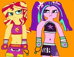 Size: 900x700 | Tagged: safe, artist:shafty817, aria blaze, sunset shimmer, equestria girls, g4, bandeau, belly button, boxing, clothes, exeron fighters, gloves, midriff, mma gloves, ponied up, pony ears, shorts, sisters, sports bra, sports shorts, sports skirt, sporty style