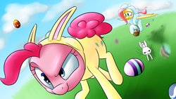 Size: 1920x1080 | Tagged: safe, artist:victoreach, angel bunny, fluttershy, pinkie pie, g4, easter, wallpaper