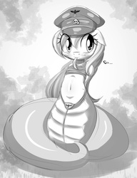 Size: 1280x1671 | Tagged: safe, artist:randy, oc, oc only, oc:aryanne, lamia, original species, snake, semi-anthro, :p, aryan, aryan pony, aryanbetes, belly button, belt buckle, black and white, blushing, clothes, cute, floppy ears, grayscale, hat, hissing, long tongue, looking away, midriff, monochrome, nazipone, reichsadler, scales, sharp teeth, shirt, shy, simple background, smiling, solo, tank top, tongue flick, tongue out, totenkopf