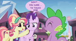 Size: 1000x544 | Tagged: safe, edit, edited screencap, screencap, ruby love, scarlet heart, spike, starlight glimmer, g4, the crystalling, admiration, comic sans, dialogue, discovery family logo, engrish, female, jealous, male, ship:sparlight, shipping, speech bubble, straight, underhoof