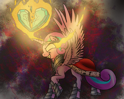 Size: 1870x1500 | Tagged: source needed, safe, artist:slamjam, princess flurry heart, alicorn, pony, g4, armor, bad end, bevor, boots, cape, chestplate, clothes, corrupted, crown, crystal heart, evil, evil flurry heart, female, glowing eyes, glowing horn, gorget, horn, jewelry, magic, older, regalia, robe, shoes, solo, sombra eyes, sombra's cape, sombra's robe, splatter art, tiara