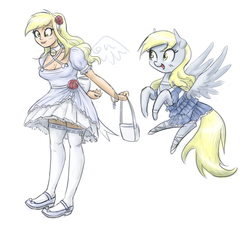 Size: 1280x1201 | Tagged: safe, artist:king-kakapo, derpy hooves, human, pony, g4, bell collar, cleavage, clothes, collar, dress, female, human ponidox, humanized, mary janes, purse, shoes, simple background, skirt, smiling, socks, thigh highs, white background, zettai ryouiki