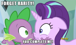 Size: 1000x590 | Tagged: safe, edit, edited screencap, screencap, spike, starlight glimmer, dragon, pony, unicorn, g4, the crystalling, discovery family logo, female, floppy ears, grabbing, hilarious in hindsight, image macro, interspecies, kissing, love, male, meme, scrunchy face, ship:sparlight, shipping, straight, wide eyes