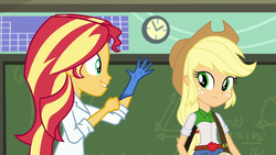 Size: 1280x720 | Tagged: safe, screencap, applejack, sunset shimmer, equestria girls, g4, my little pony equestria girls: friendship games, the science of magic, out of context, rubber gloves, shipping fuel, sunset the science gal