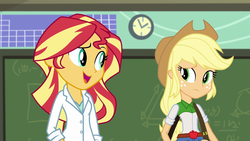 Size: 1280x720 | Tagged: safe, screencap, applejack, sunset shimmer, equestria girls, g4, my little pony equestria girls: friendship games, the science of magic, out of context, sunset the science gal