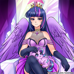 Size: 700x700 | Tagged: safe, artist:racoonsan, starlight glimmer, twilight sparkle, human, pony, unicorn, g4, :t, choker, clothes, corset, crossed legs, cute, daaaaaaaaaaaw, female, friendship throne, glimmerbetes, gloves, horn, horned humanization, humanized, lidded eyes, looking at you, mare, new crown, pet glimmer, petting, pony pet, sitting, skirt, sleeveless, smiling, smol, socks, spread wings, thigh highs, throne, twilight sparkle (alicorn), underhoof, winged humanization