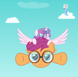 Size: 1742x1723 | Tagged: safe, artist:codename50, princess flurry heart, rainbow dash, scootaloo, g4, the crystalling, cloud, flying, glasses, vector, wings