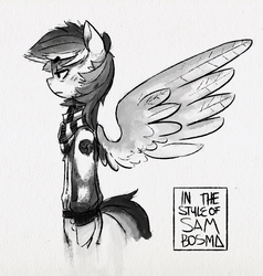 Size: 878x922 | Tagged: safe, artist:xieril, rainbow dash, semi-anthro, g4, beanbrows, clothes, female, hoodie, monochrome, scarf, solo, straight face
