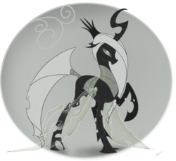 Size: 900x820 | Tagged: safe, artist:egophiliac, oc, oc only, oc:exuvia, changeling, changeling queen, moonstuck, changeling queen oc, female, grayscale, monochrome, solo, white changeling