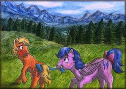 Size: 1721x1220 | Tagged: safe, artist:elfman83ml, applejack (g1), firefly, earth pony, pegasus, pony, g1, accessory theft, blushing, duo, forest, mountain, open mouth, scenery, tail bow, traditional art