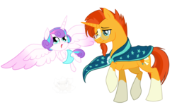 Size: 2757x1645 | Tagged: safe, artist:stagetechyart, princess flurry heart, sunburst, alicorn, pony, unicorn, g4, the crystalling, baby, cloak, clothes, diaper, flying, glasses, male, open mouth, stallion