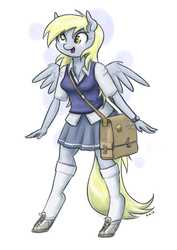 Size: 907x1280 | Tagged: safe, artist:king-kakapo, derpy hooves, anthro, unguligrade anthro, clothes, female, happy, multiple variants, open mouth, pleated skirt, shoes, simple background, skirt, socks, solo, sweater vest, thigh highs, white background, zettai ryouiki