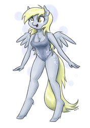 Size: 907x1280 | Tagged: safe, artist:king-kakapo, derpy hooves, anthro, unguligrade anthro, g4, cleavage, clothes, female, happy, multiple variants, one-piece swimsuit, open mouth, simple background, solo, swimsuit, white background