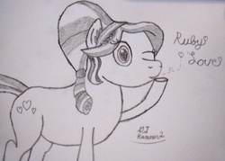 Size: 2448x1748 | Tagged: safe, artist:runner2, ruby love, scarlet heart, crystal pony, pony, g4, the crystalling, heart, sketch, traditional art, wink