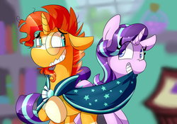 Size: 2850x2000 | Tagged: safe, artist:nekosnicker, starlight glimmer, sunburst, pony, unicorn, g4, the crystalling, cape, cloak, clothes, female, glasses, high res, male, mare, mouth hold, ship:starburst, shipping, stallion, straight, sunburst's cloak, sunburst's glasses