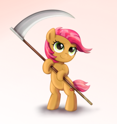 Size: 1231x1300 | Tagged: dead source, safe, artist:0biter, babs seed, earth pony, pony, g4, bipedal, cute, female, filly, scythe, solo