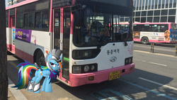 Size: 4800x2700 | Tagged: safe, artist:itchykitchy, artist:woojintransfortation, rainbow dash, g4, armor, bus, helmet, hyundai, irl, korean, photo, ponies in real life, south korea, vector