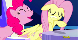 Size: 1919x993 | Tagged: safe, screencap, fluttershy, pinkie pie, g4, my little pony: friendship is magic, the crystalling, discovery family logo, low quality