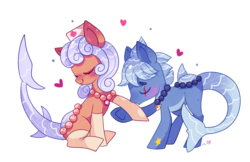 Size: 2000x1294 | Tagged: safe, artist:ipun, oc, oc only, original species, pond pony, eye scar, eyes closed, female, hat, heart, male, mare, nurse hat, scar, shipping, simple background, stallion, straight, transparent background